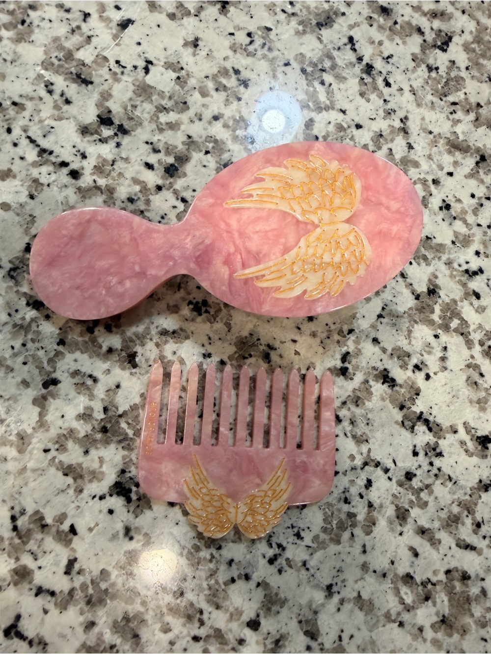 Free People Pink Resin Hair Brush and Wide-Tooth Comb Set with Gold Wing Accents